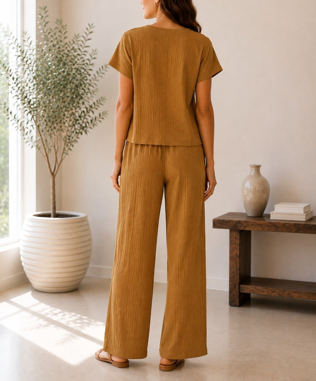 Ladies Caramel Crinkle-Knit Two-piece New Feeling Set - StylePhase SA