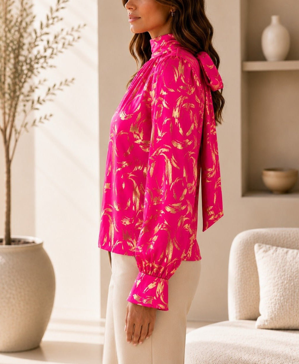Ladies Cerise And Gold High Neck Printed Long Sleeve Blouse - StylePhase SA