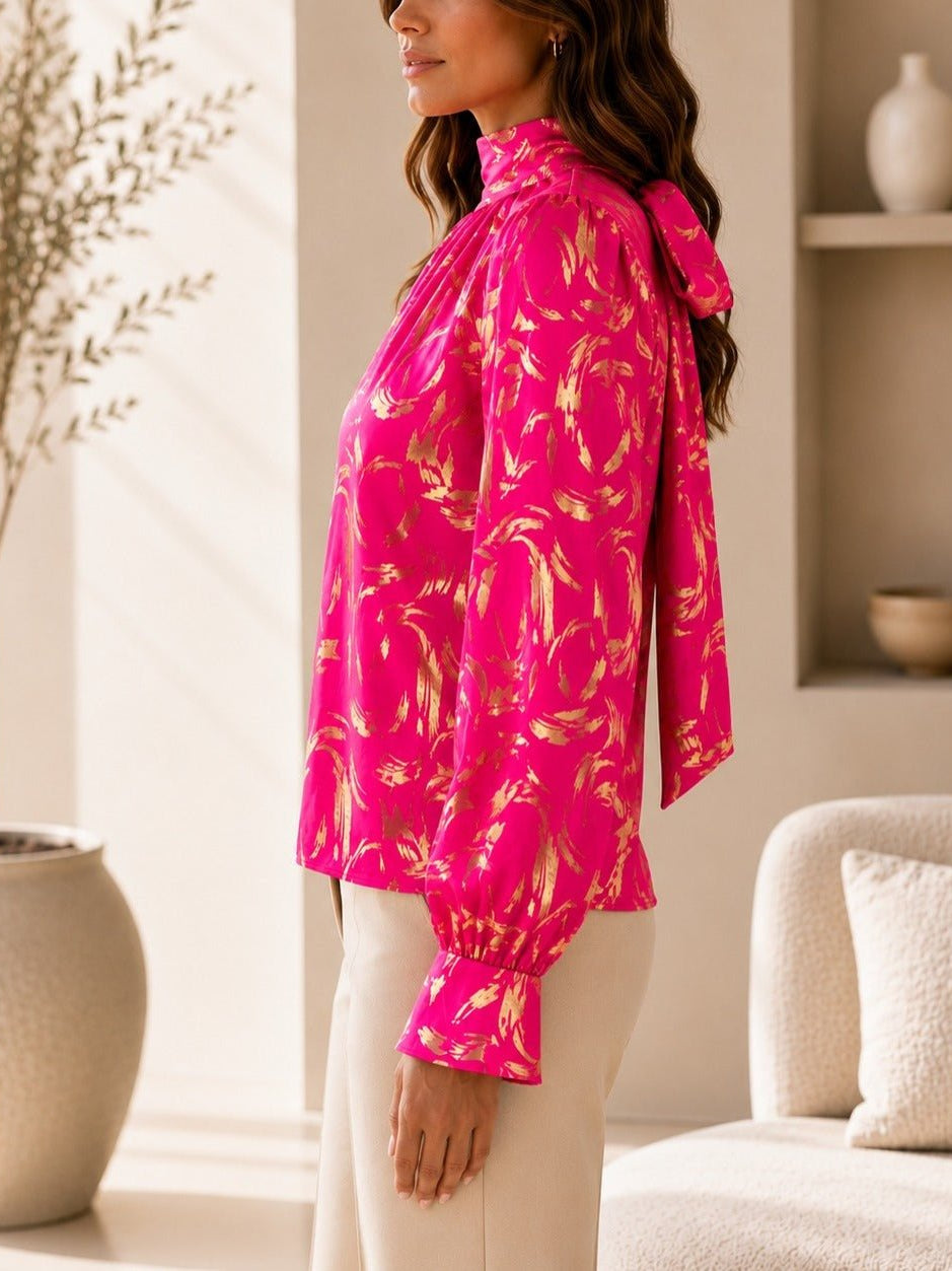 Ladies Cerise And Gold High Neck Printed Long Sleeve Blouse - StylePhase SA