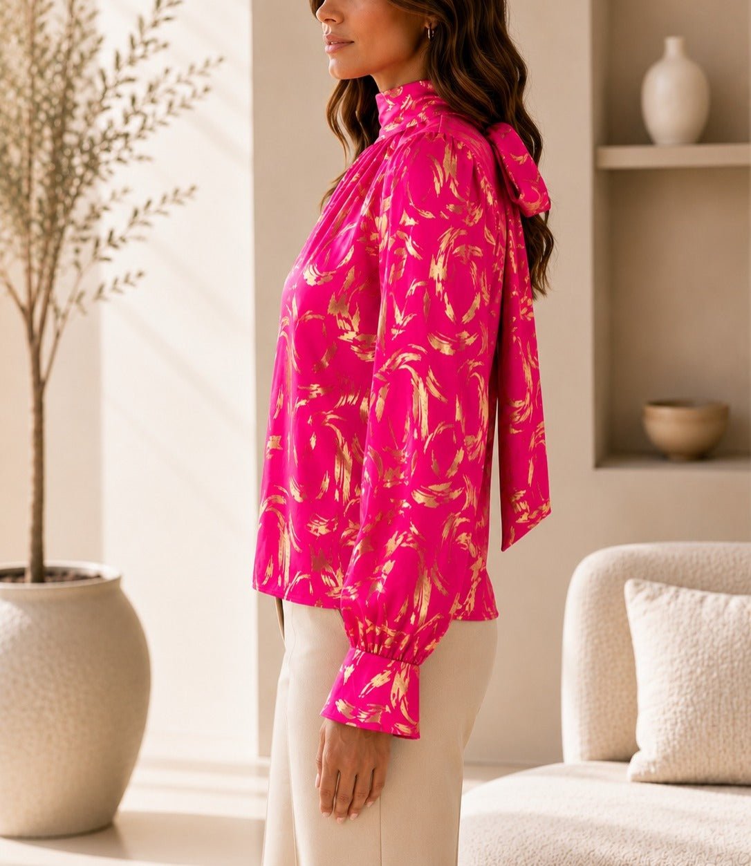 Ladies Cerise And Gold High Neck Printed Long Sleeve Blouse - StylePhase SA
