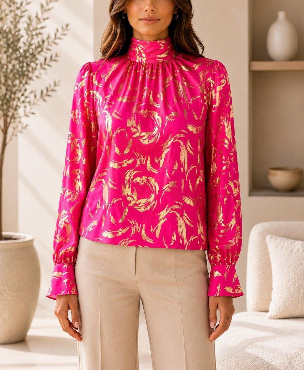 Ladies Cerise And Gold High Neck Printed Long Sleeve Blouse - StylePhase SA