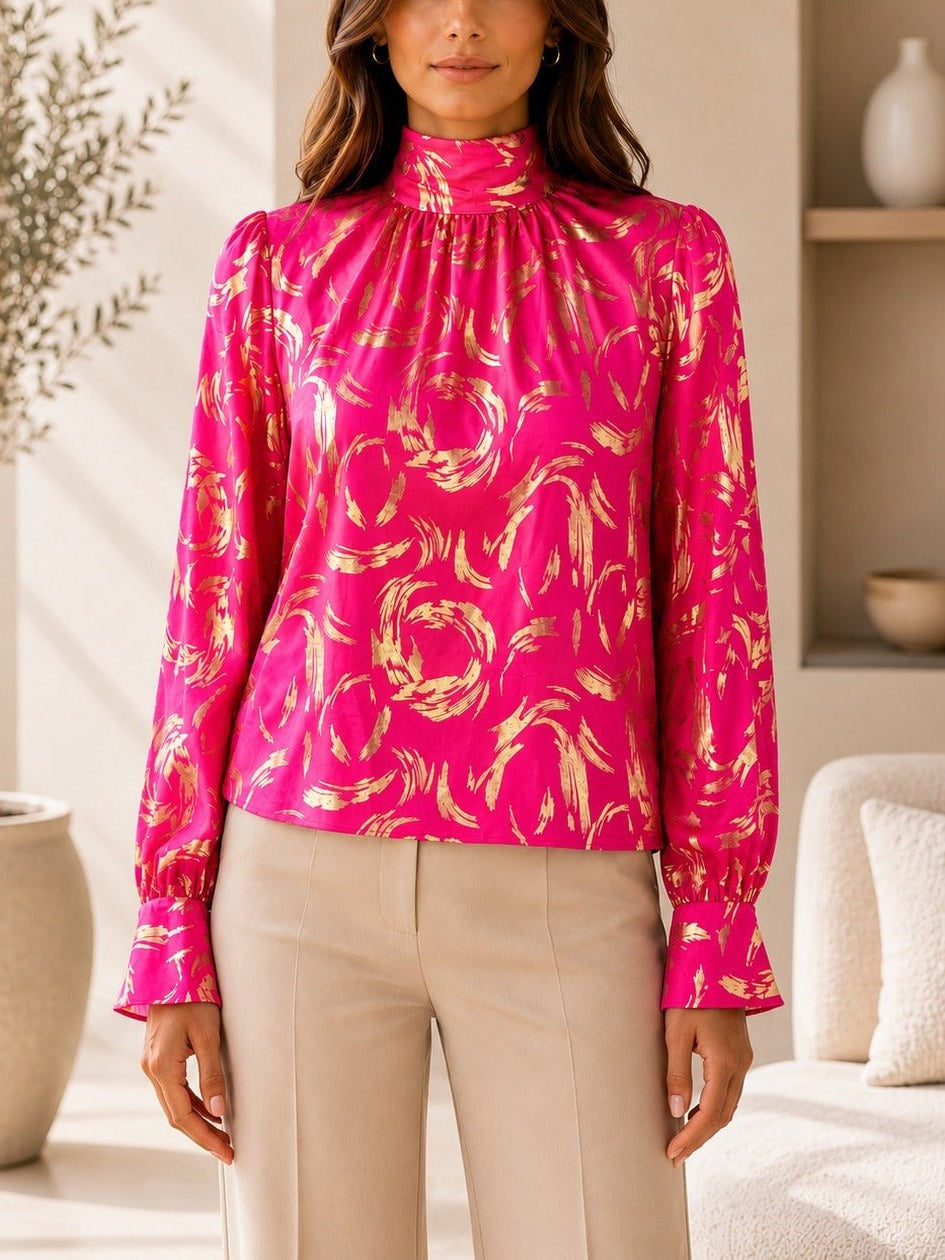 Ladies Cerise And Gold High Neck Printed Long Sleeve Blouse - StylePhase SA