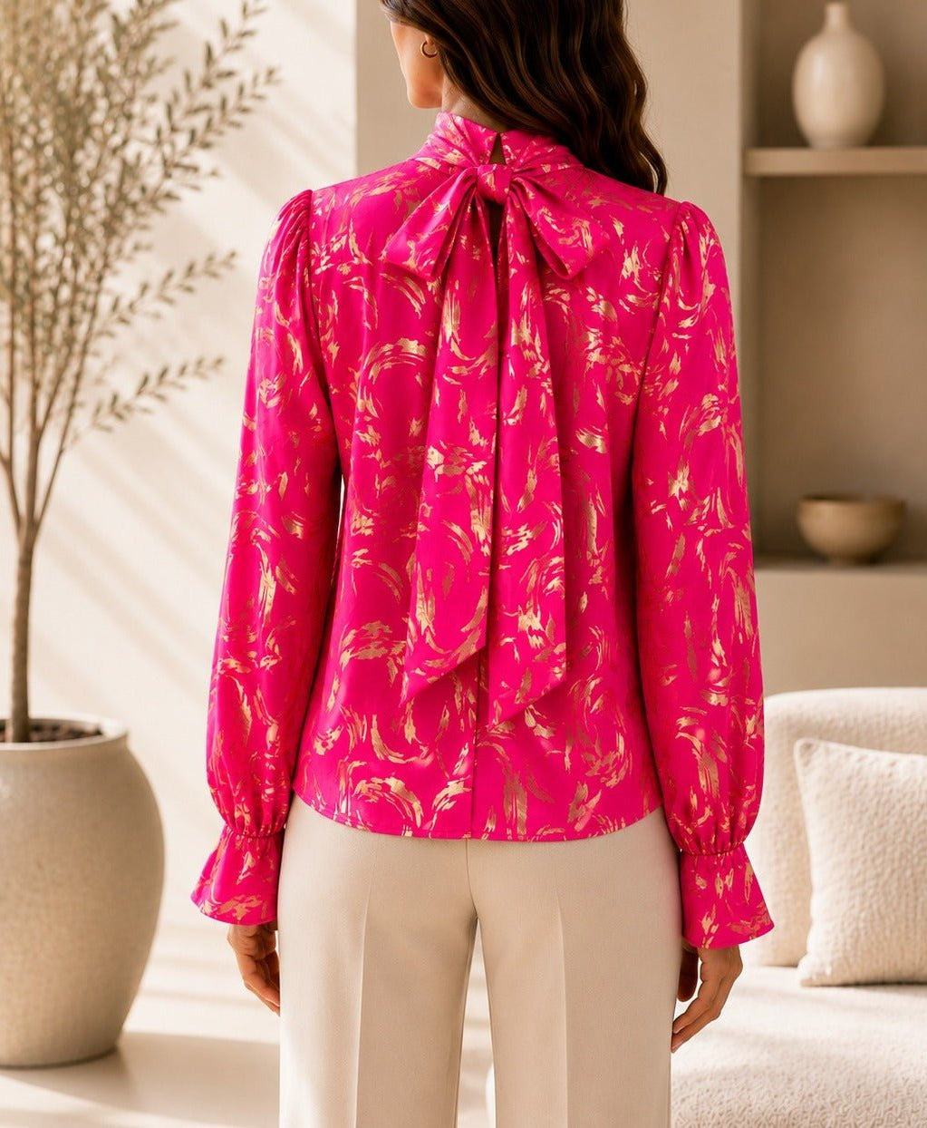 Ladies Cerise And Gold High Neck Printed Long Sleeve Blouse - StylePhase SA