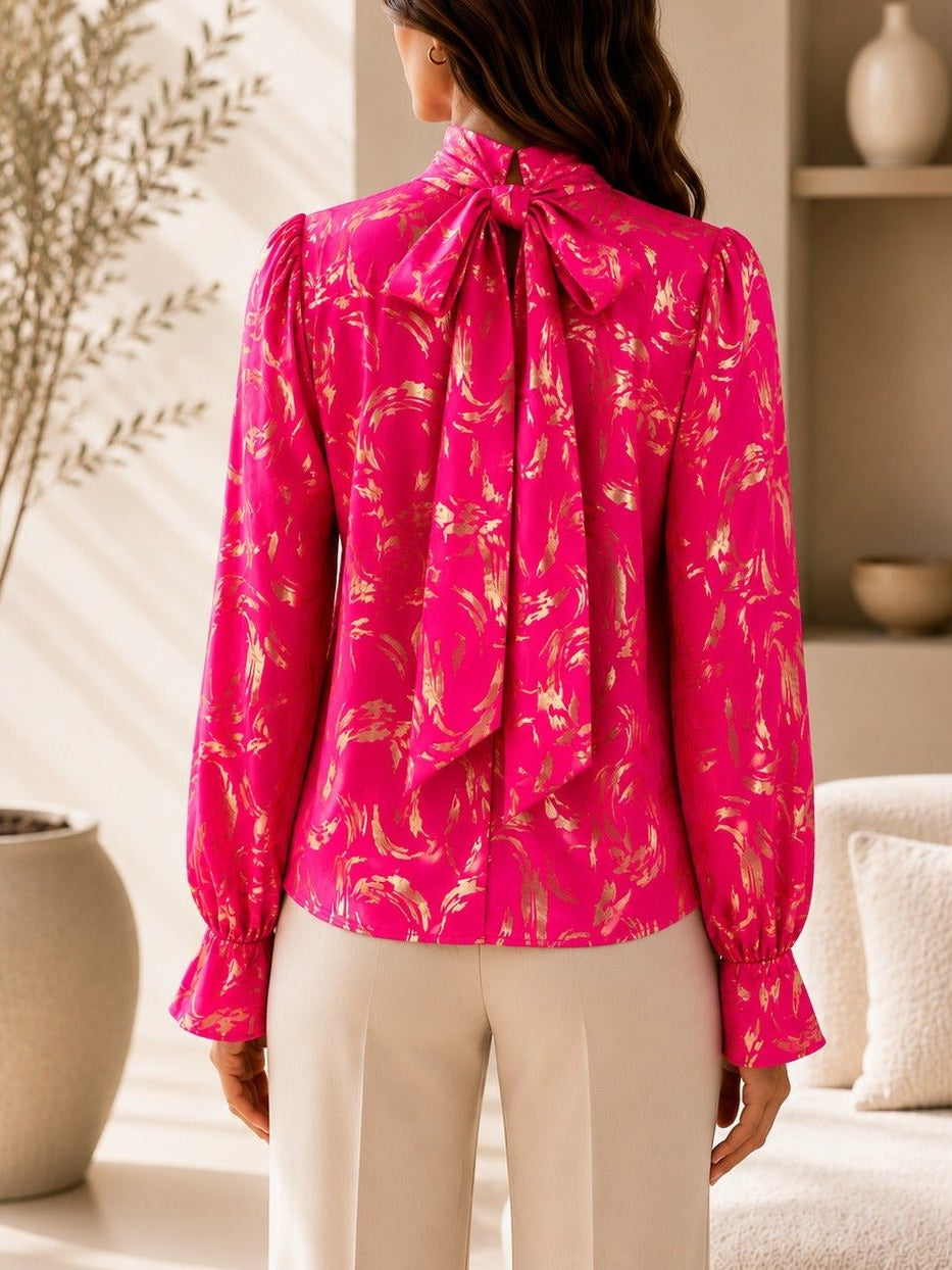 Ladies Cerise And Gold High Neck Printed Long Sleeve Blouse - StylePhase SA