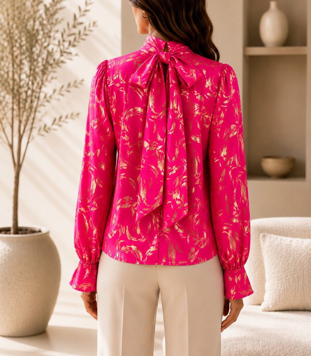 Ladies Cerise And Gold High Neck Printed Long Sleeve Blouse - StylePhase SA