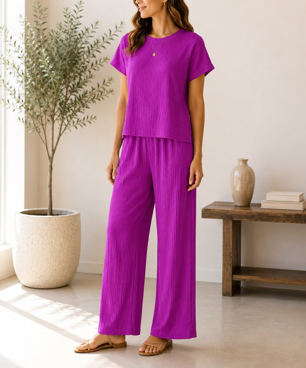 Ladies Cerise Crinkle-Knit Two-piece New Feeling Set - StylePhase SA
