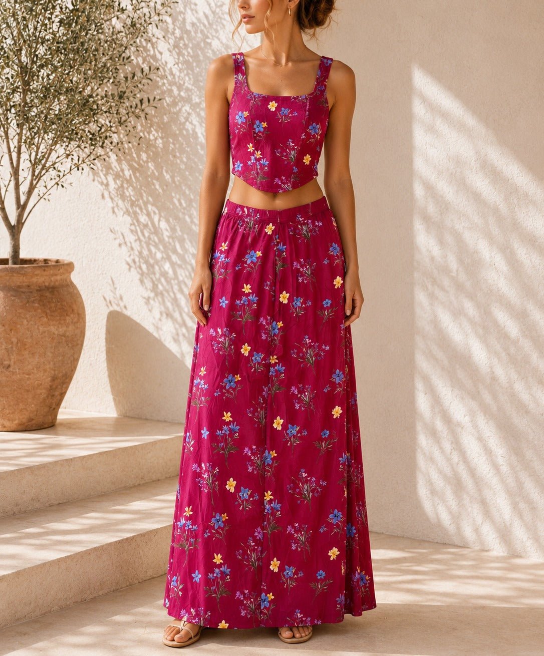 Ladies Cerise Crop Top Floral Two-Piece Set - StylePhase SA