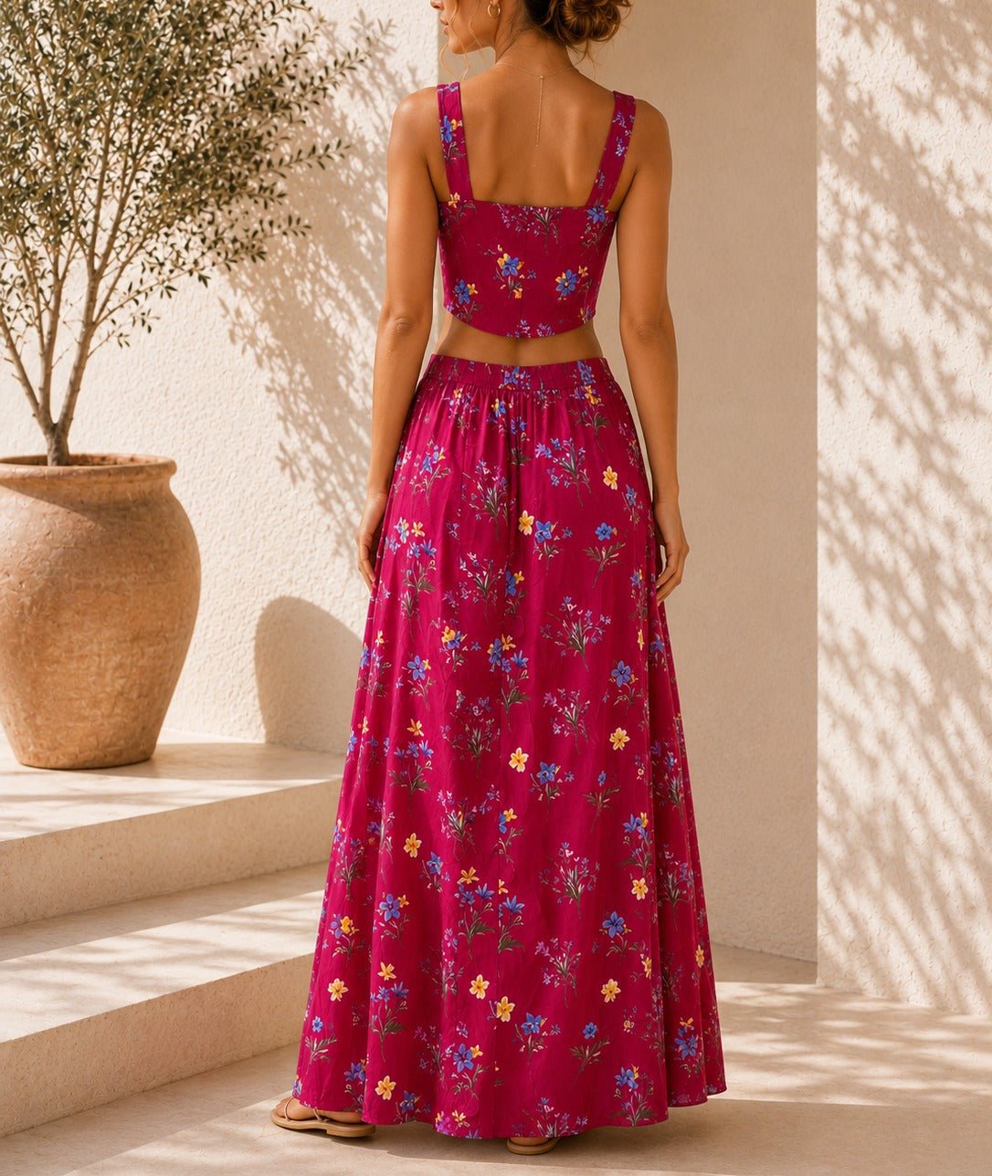 Ladies Cerise Crop Top Floral Two-Piece Set - StylePhase SA