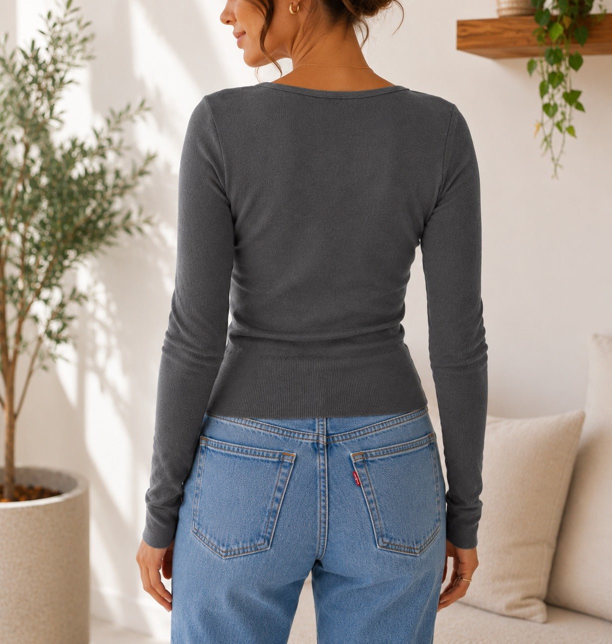 Ladies Charcoal Button Front Scoop Neck Knit Cardigan - StylePhase SA