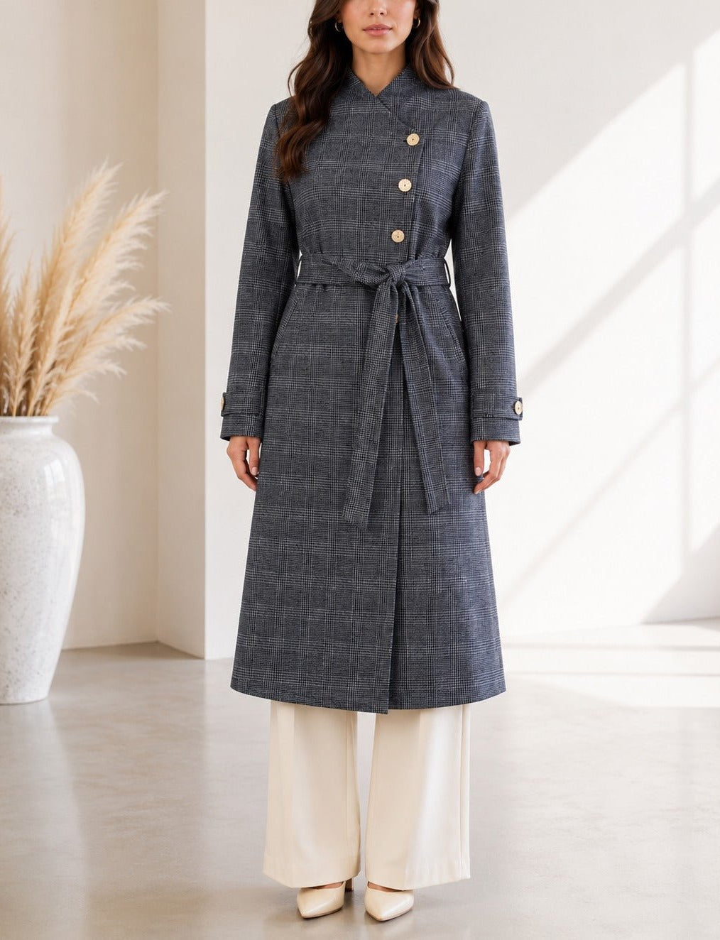 Ladies Charcoal Check Side Collar Melton Coat - StylePhase SA