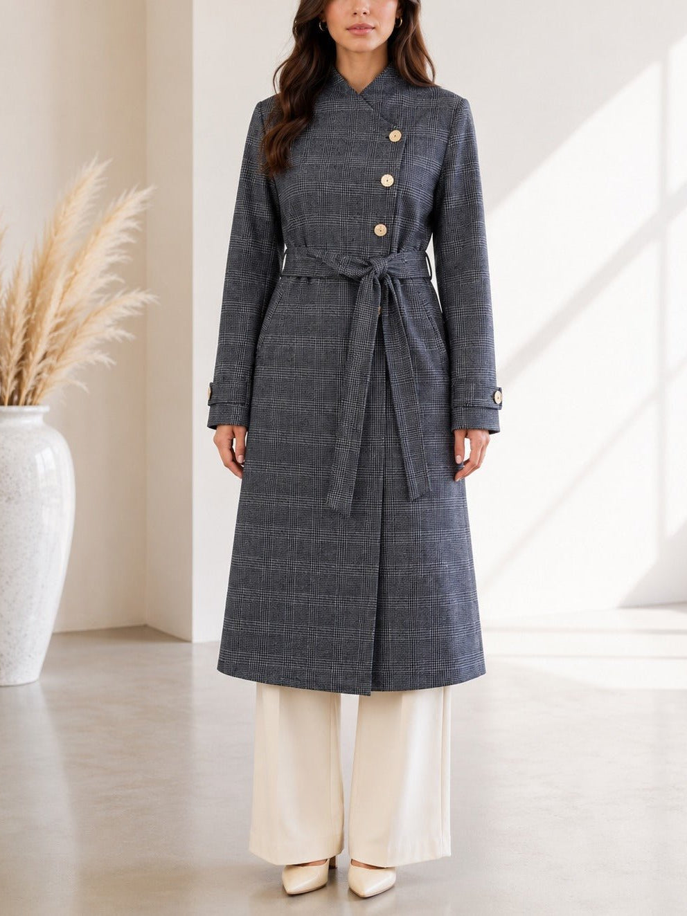 Ladies Charcoal Check Side Collar Melton Coat - StylePhase SA