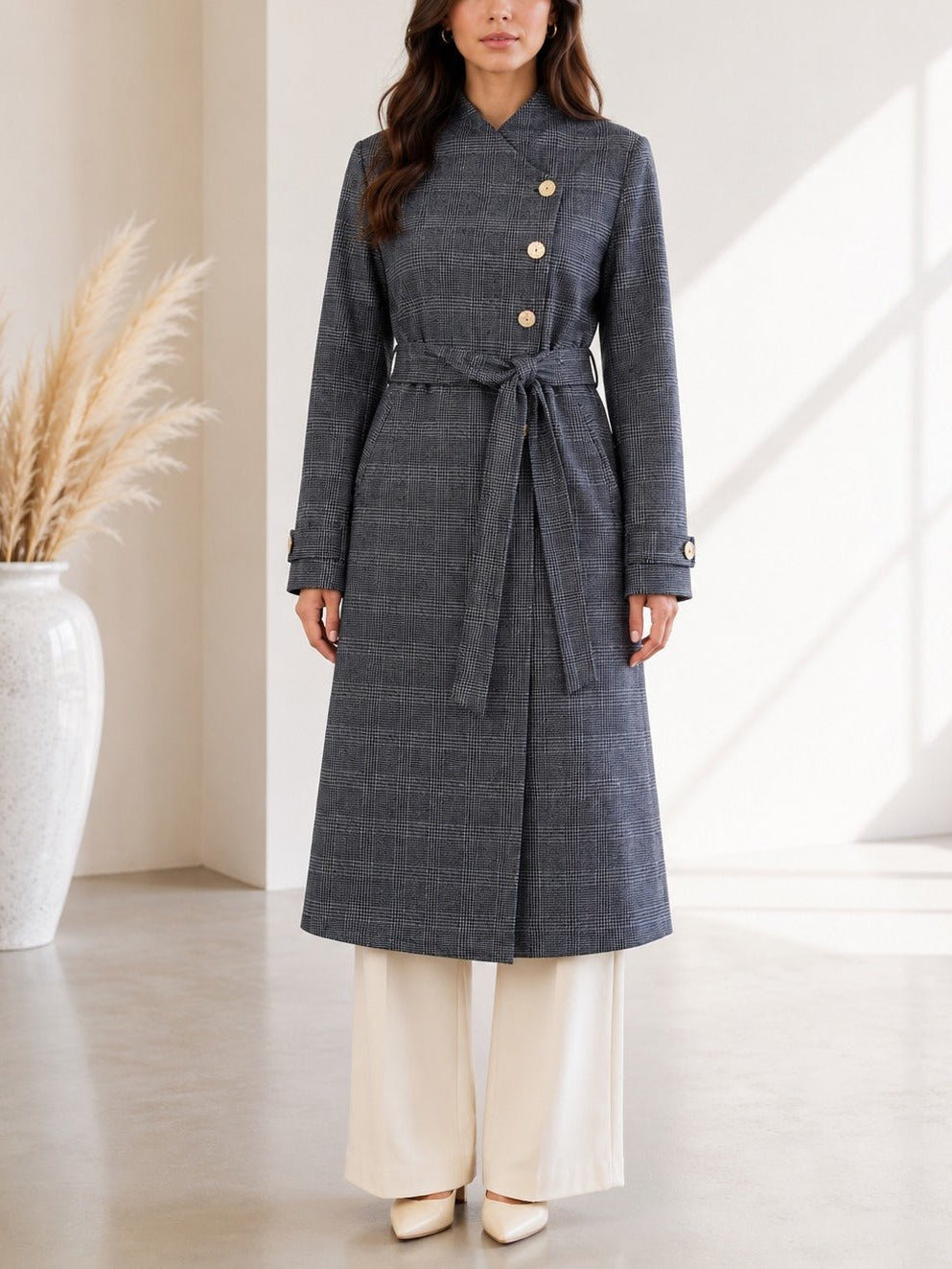 Ladies Charcoal Check Side Collar Melton Coat - StylePhase SA
