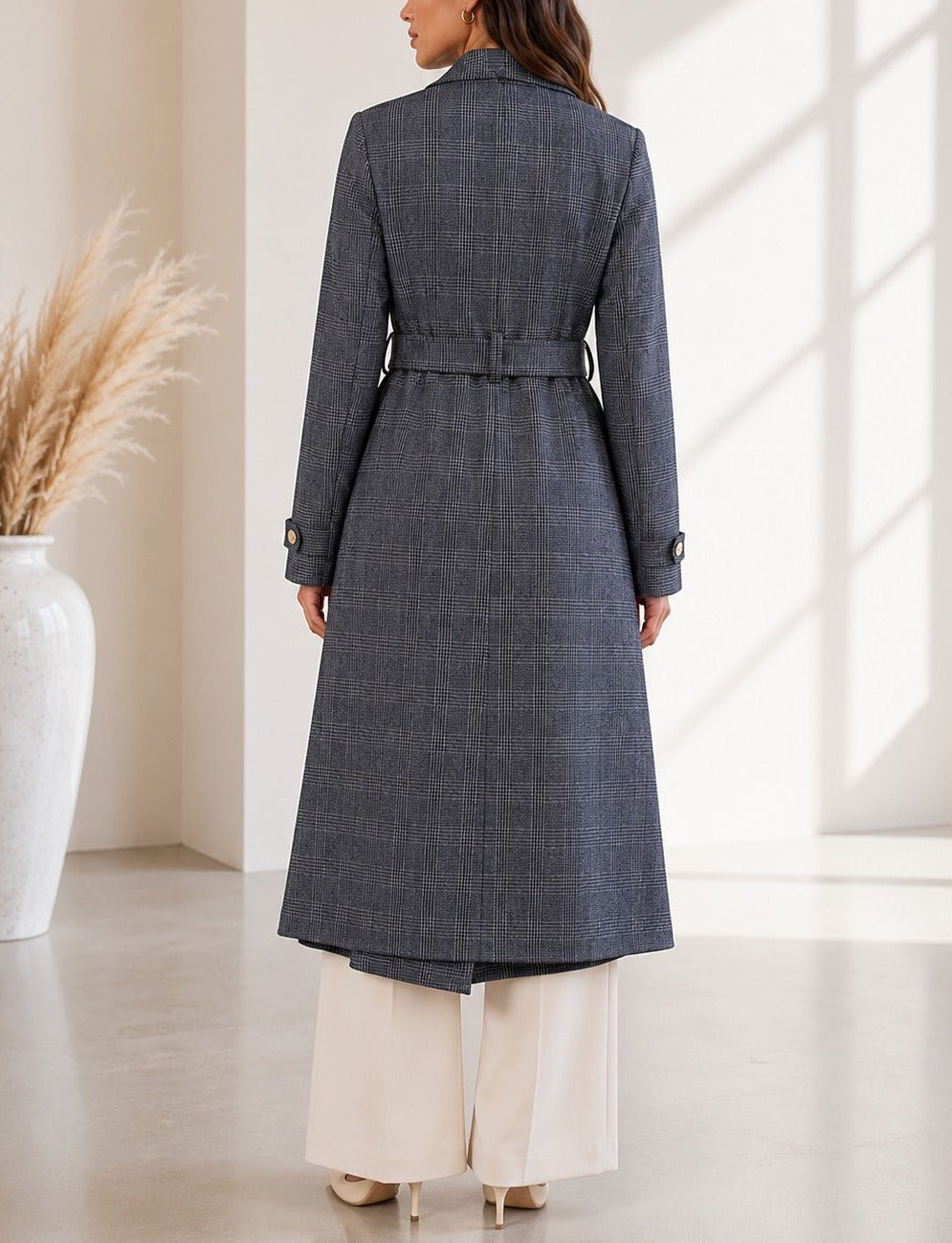 Ladies Charcoal Check Side Collar Melton Coat - StylePhase SA