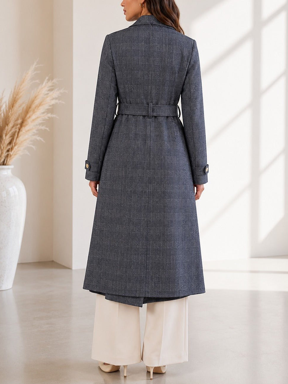 Ladies Charcoal Check Side Collar Melton Coat - StylePhase SA
