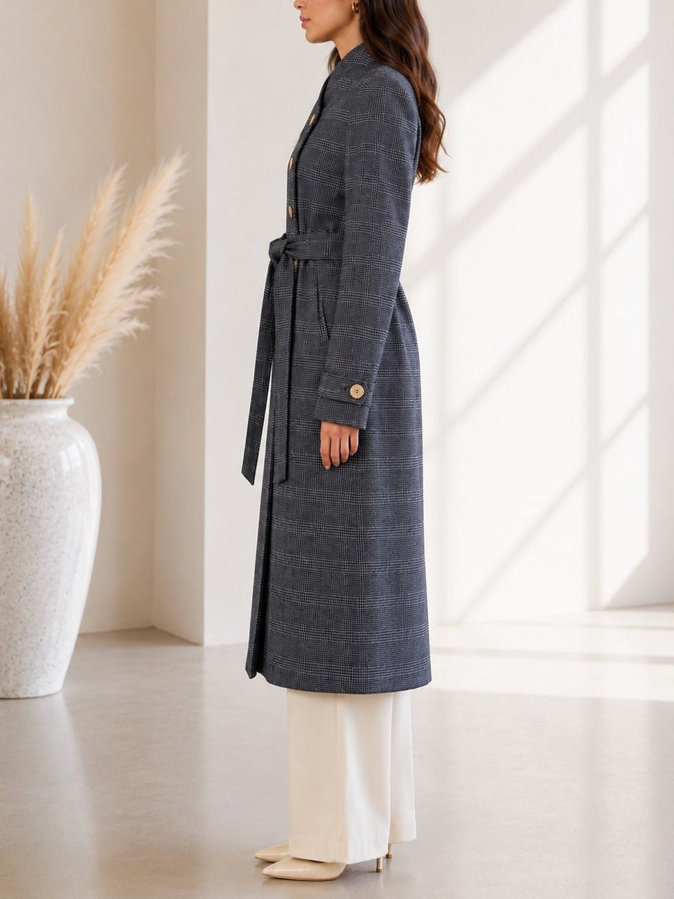 Ladies Charcoal Check Side Collar Melton Coat - StylePhase SA