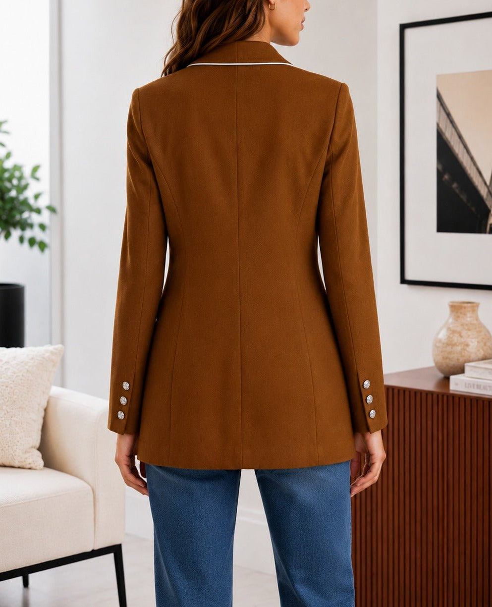 Ladies Chocolate Brown Double-Breasted Tailored Longline Coat - StylePhase SA