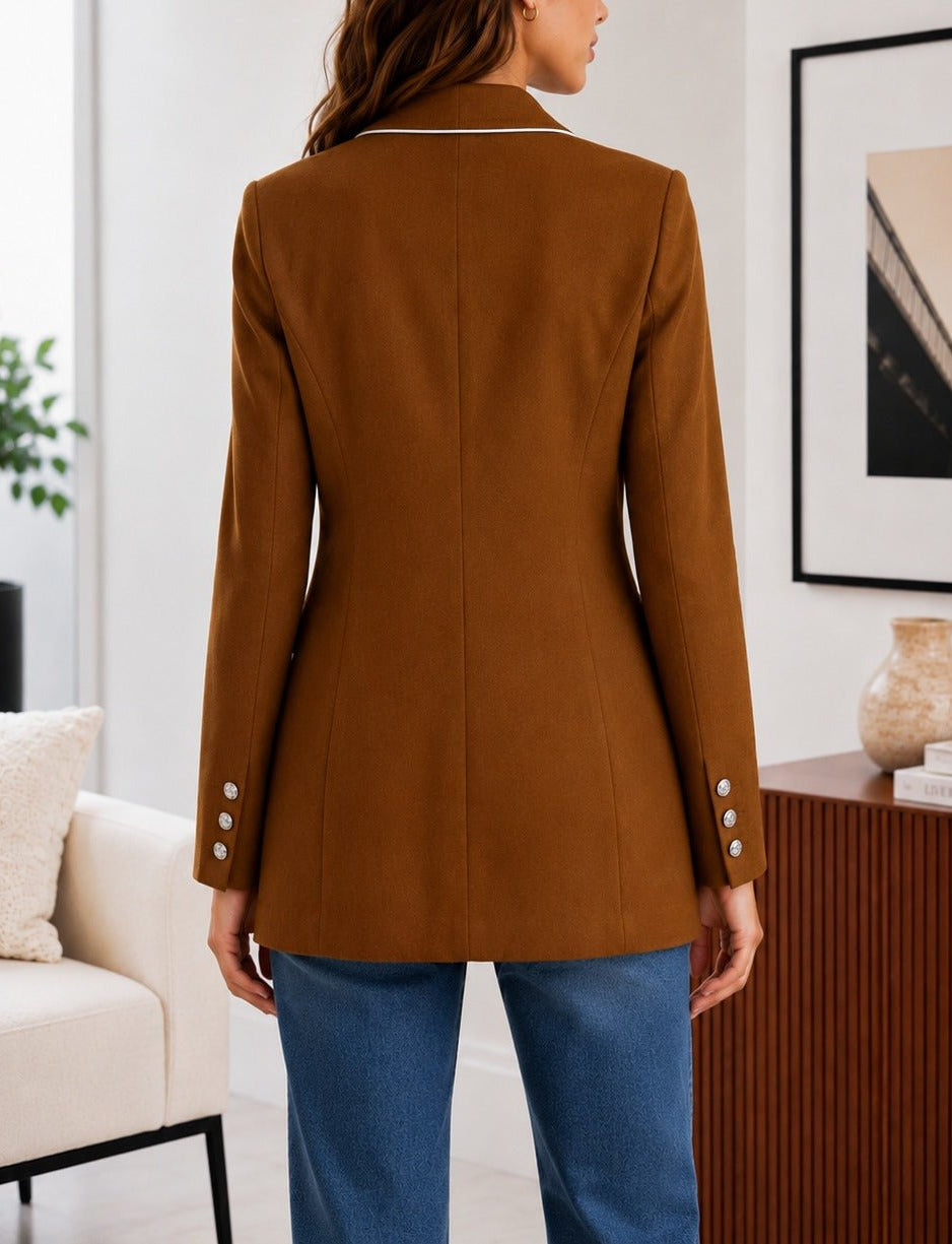 Ladies Chocolate Brown Double-Breasted Tailored Longline Coat - StylePhase SA