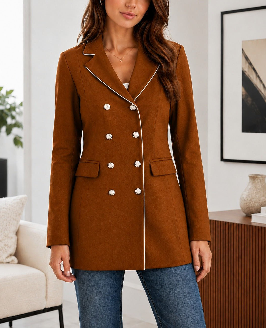 Ladies Chocolate Brown Double-Breasted Tailored Longline Coat - StylePhase SA