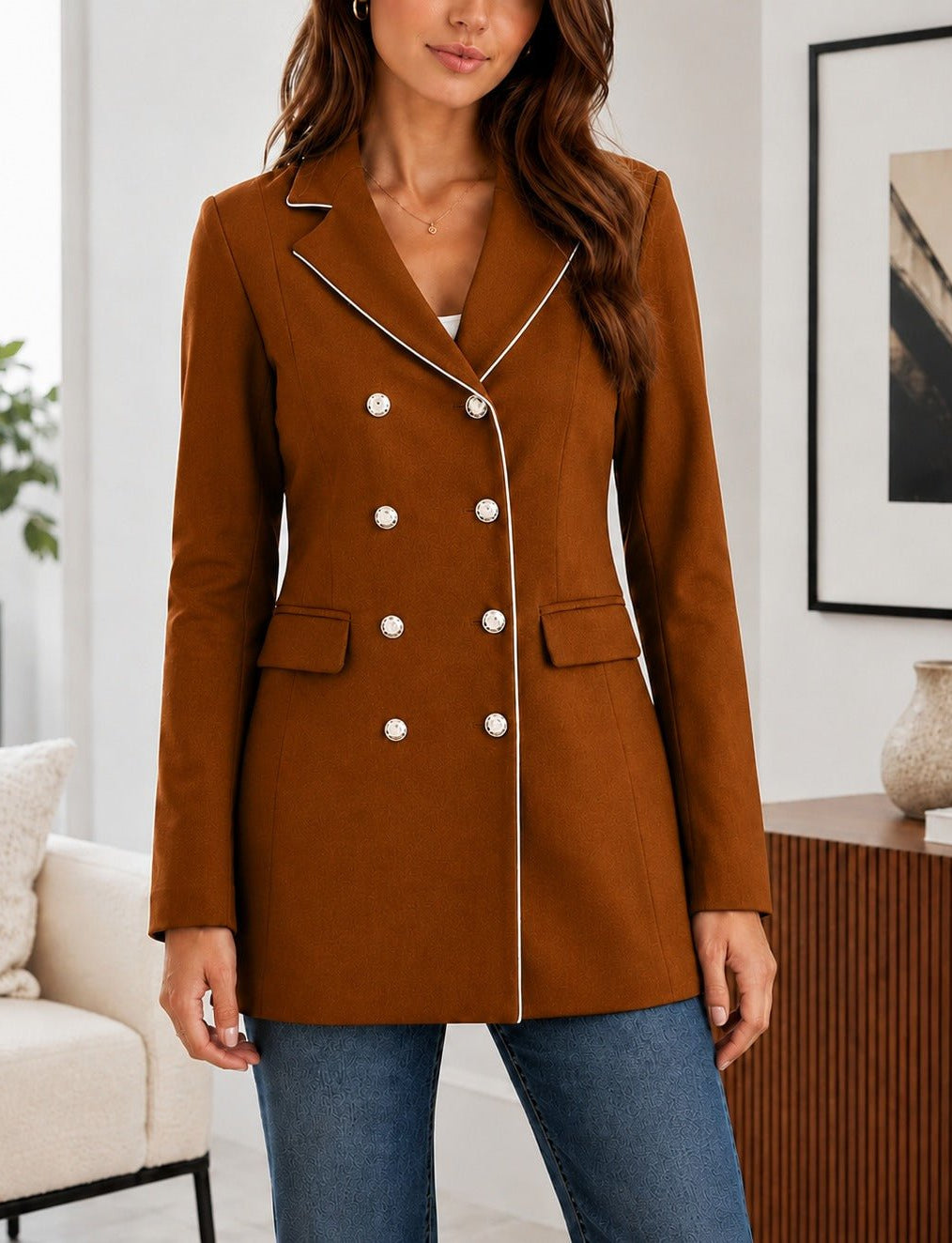 Ladies Chocolate Brown Double-Breasted Tailored Longline Coat - StylePhase SA