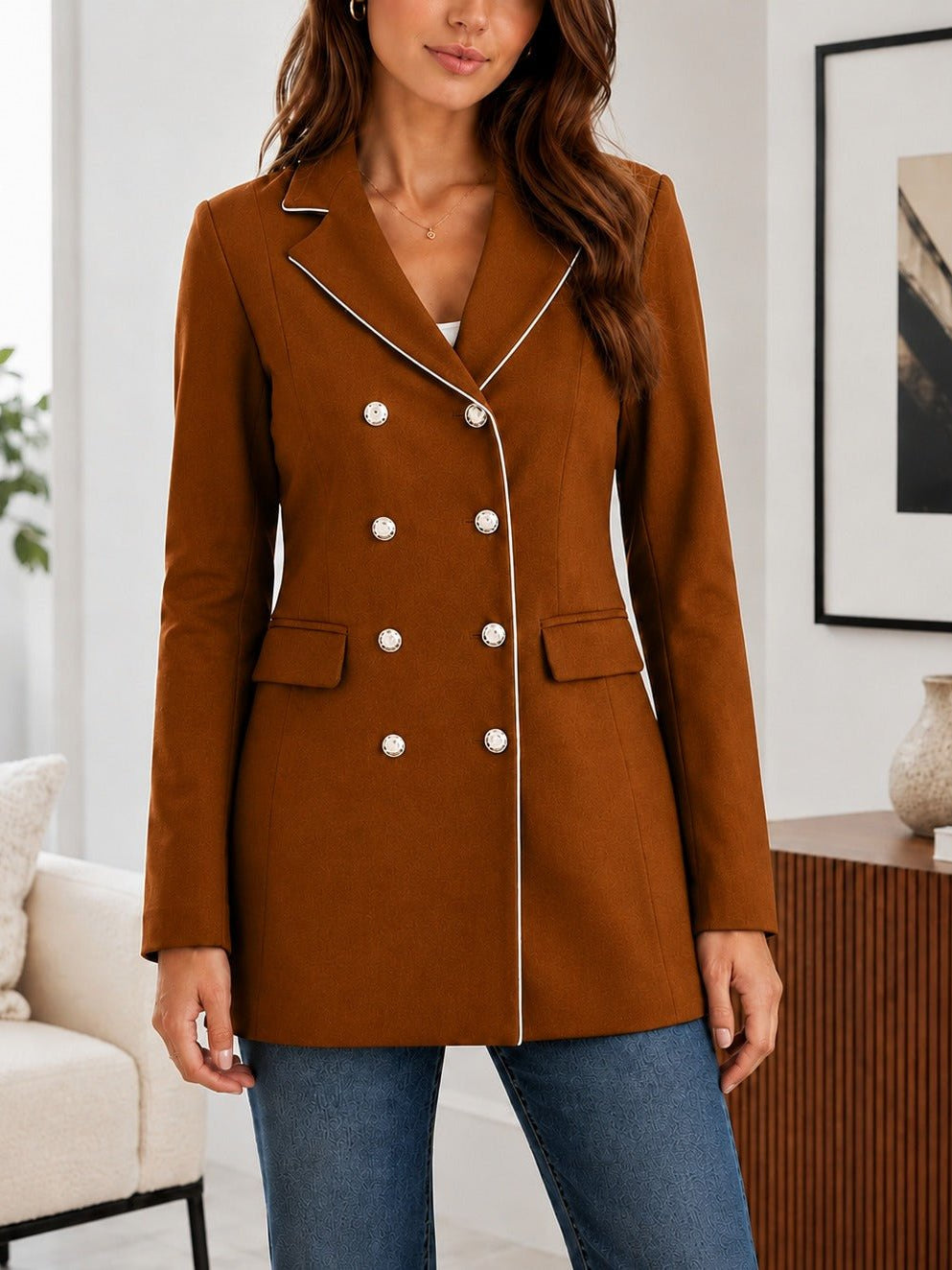 Ladies Chocolate Brown Double-Breasted Tailored Longline Coat - StylePhase SA