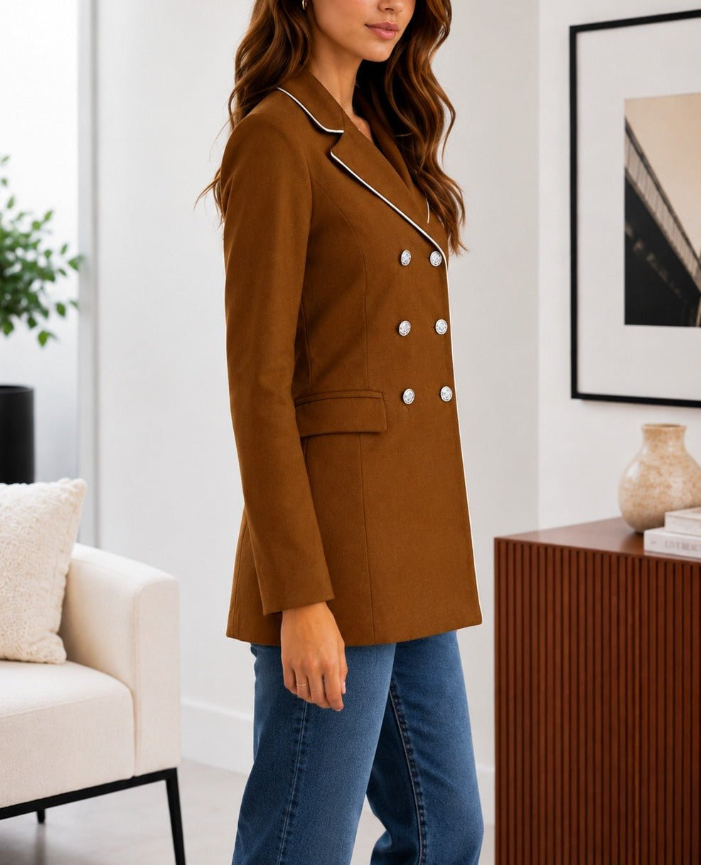 Ladies Chocolate Brown Double-Breasted Tailored Longline Coat - StylePhase SA