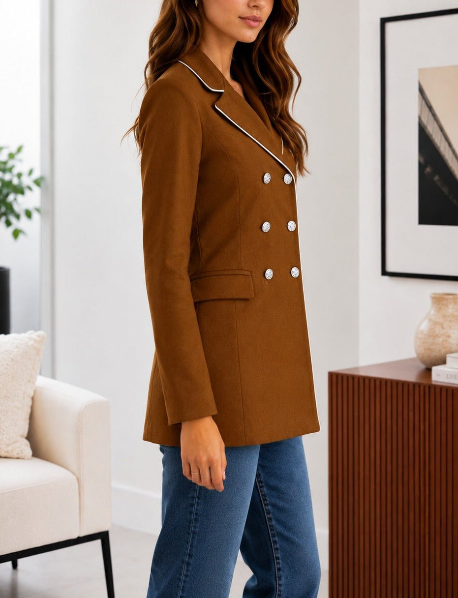 Ladies Chocolate Brown Double-Breasted Tailored Longline Coat - StylePhase SA
