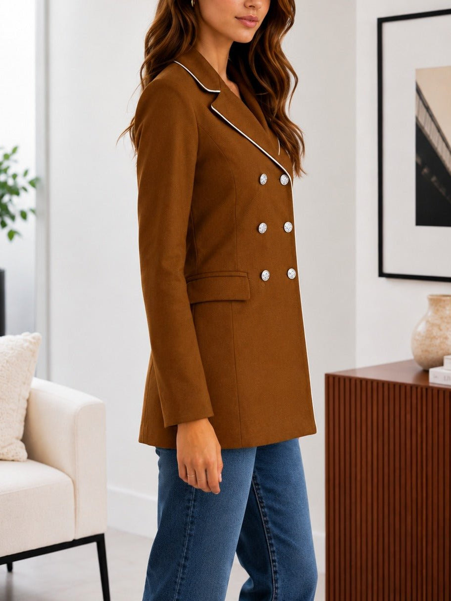 Ladies Chocolate Brown Double-Breasted Tailored Longline Coat - StylePhase SA