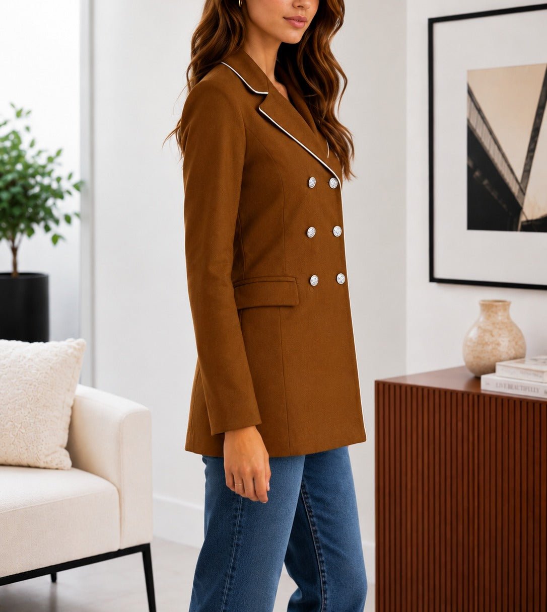 Ladies Chocolate Brown Double-Breasted Tailored Longline Coat - StylePhase SA