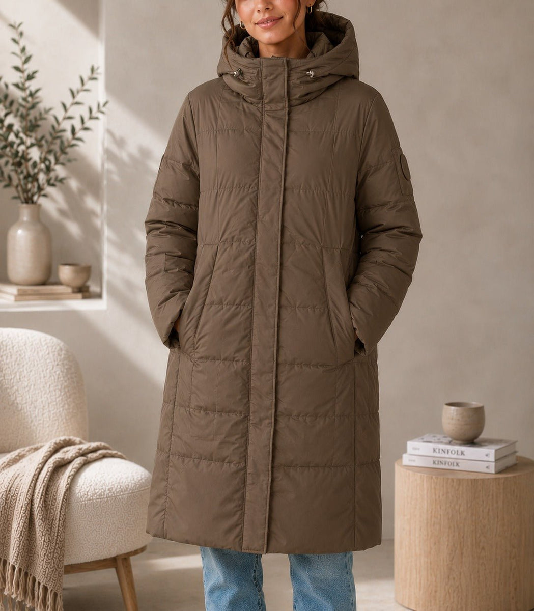 Ladies Chocolate Brown Puffer Jacket | Long Hooded Winter Coat