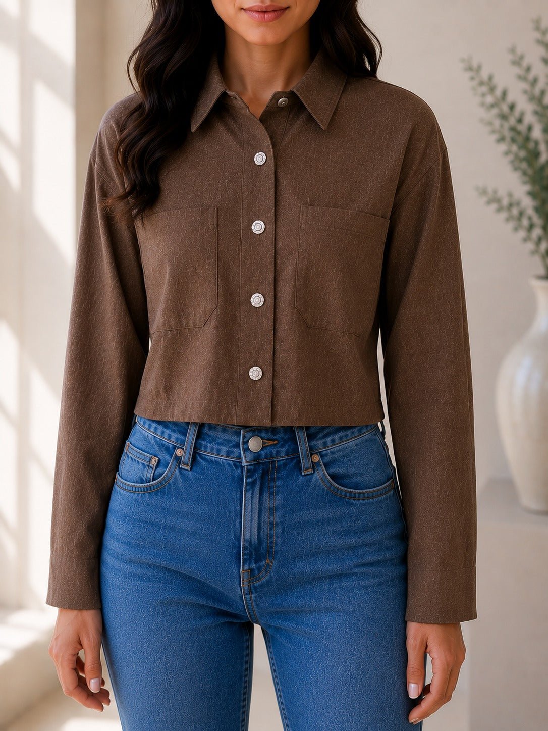 Ladies Chocolate Button Up Cropped Shirt - StylePhase SA