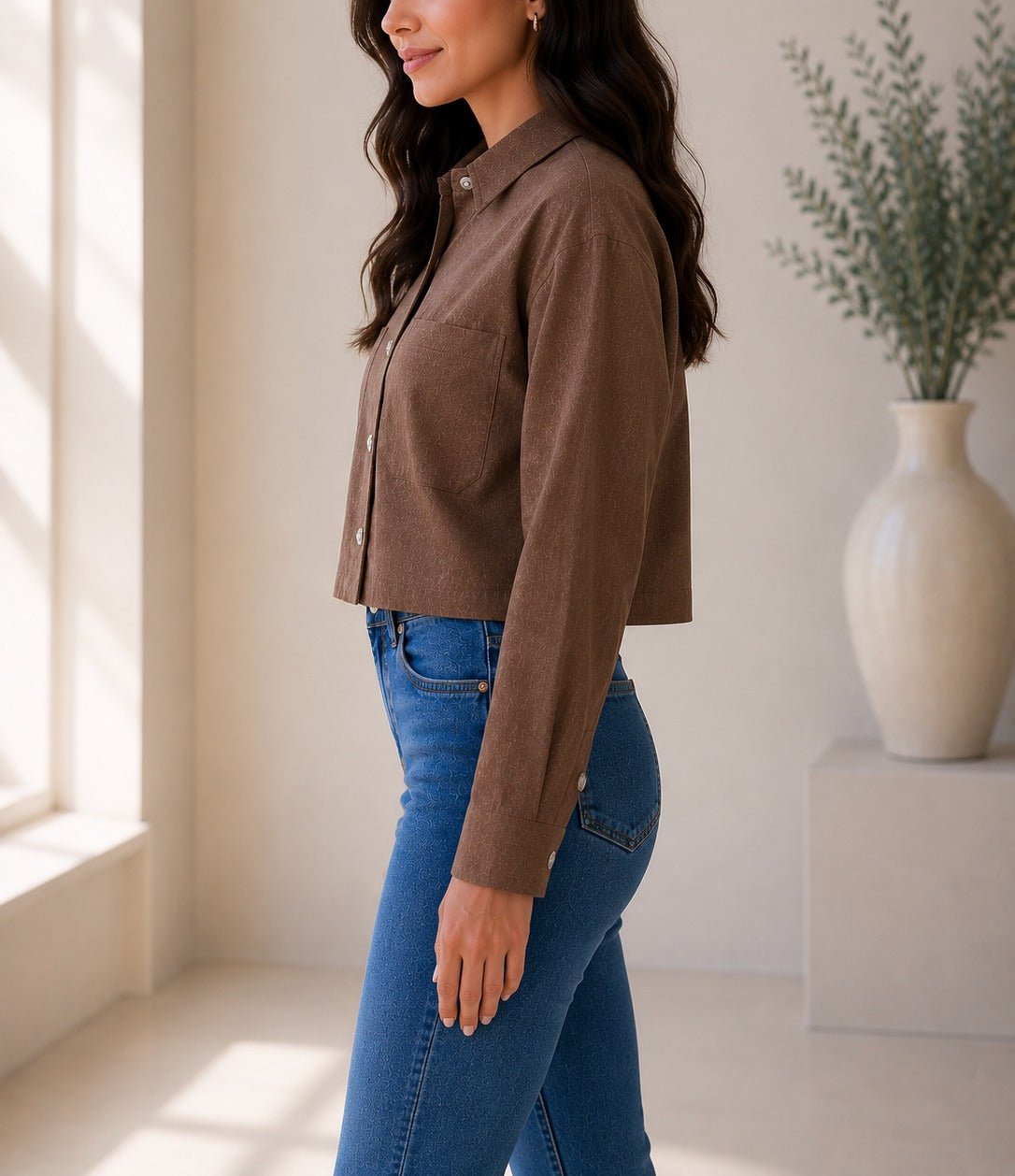 Ladies Chocolate Button Up Cropped Shirt - StylePhase SA