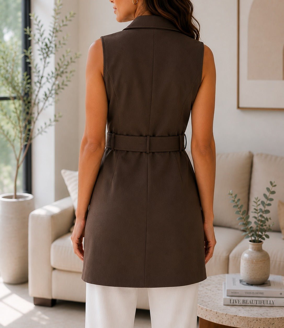 Ladies Chocolate Double Breasted Belted Longline Waistcoat - StylePhase SA