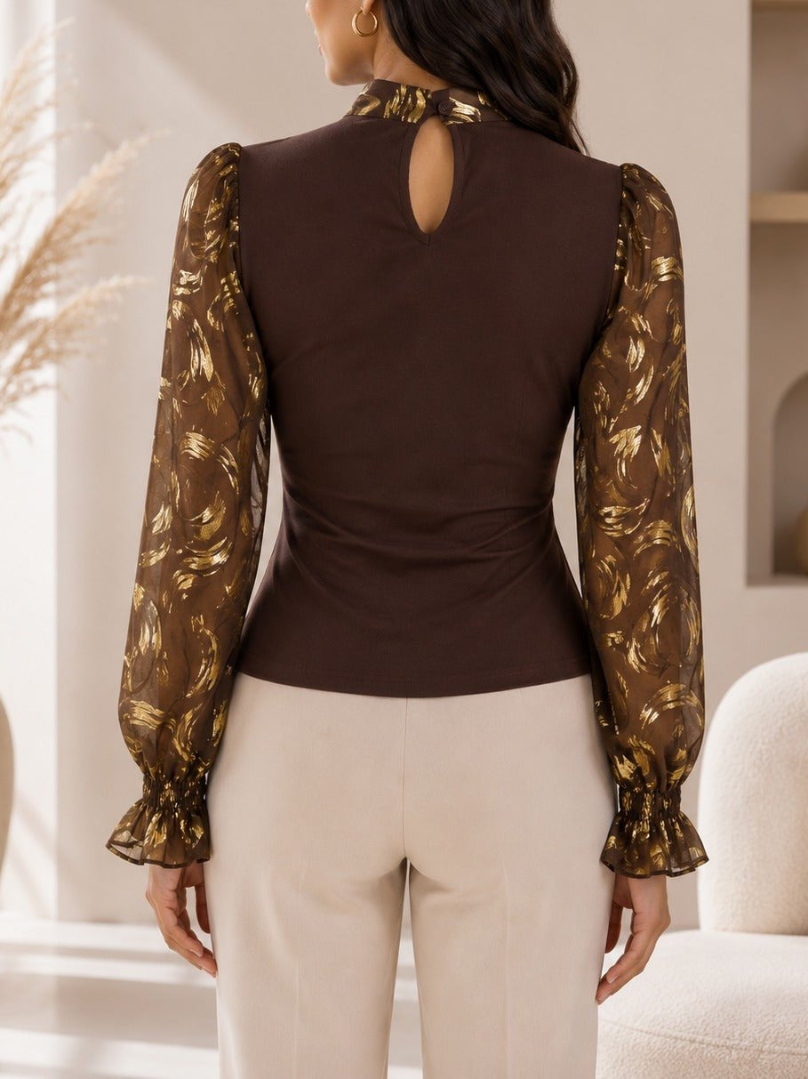 Ladies Chocolate Floral Print Tie Neck Mesh Sleeve Top - StylePhase SA