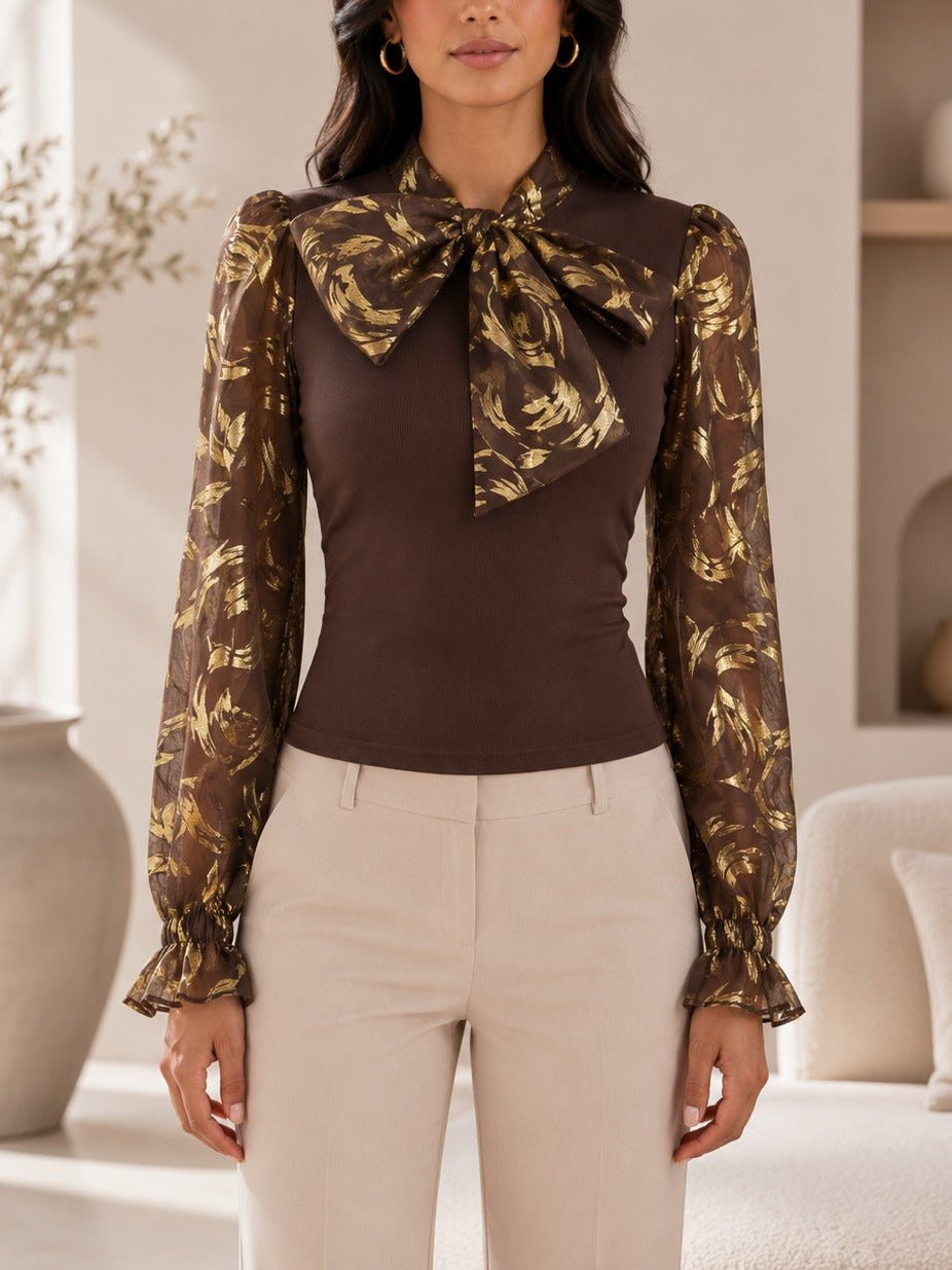 Ladies Chocolate Floral Print Tie Neck Mesh Sleeve Top - StylePhase SA