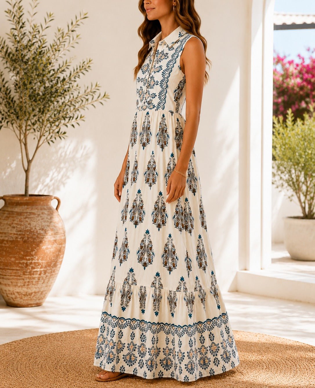 Ladies Cream And Blue Sleeveless Paisley Print Maxi dress - StylePhase SA