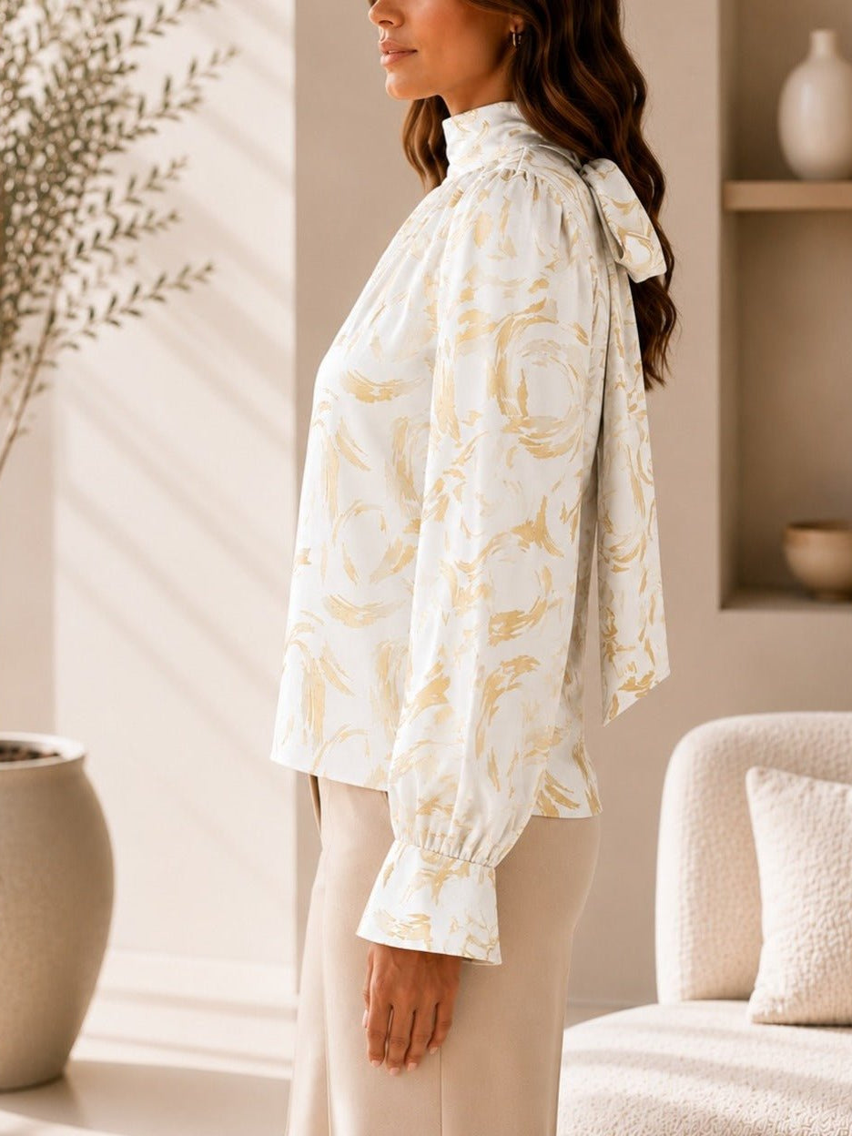 Ladies Cream And Gold High Neck Printed Long Sleeve Blouse - StylePhase SA