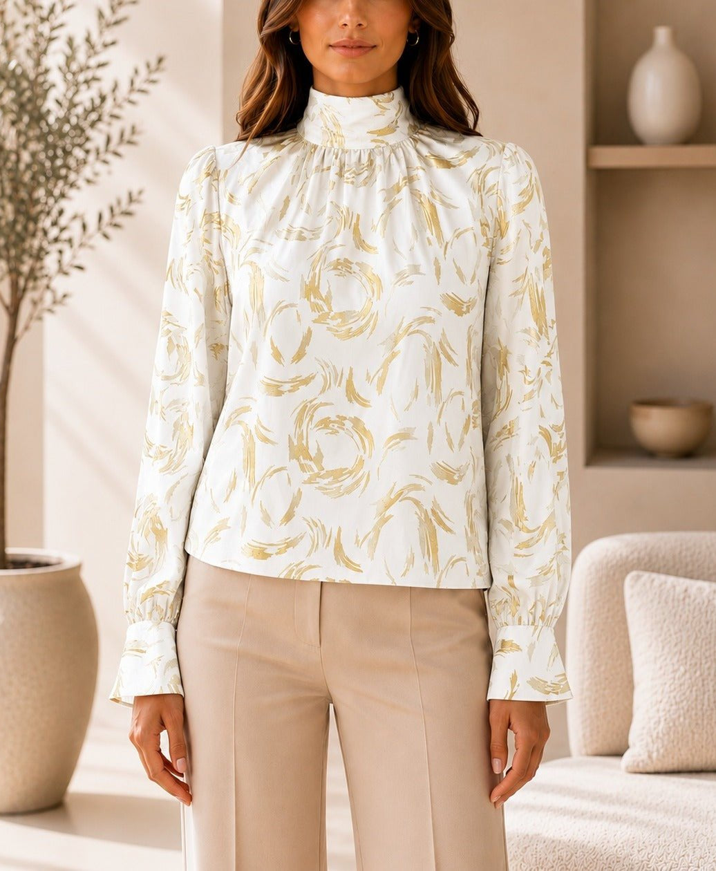 Ladies Cream And Gold High Neck Printed Long Sleeve Blouse - StylePhase SA