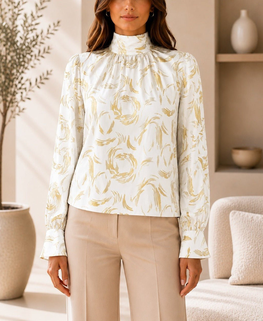 Ladies Cream And Gold High Neck Printed Long Sleeve Blouse - StylePhase SA