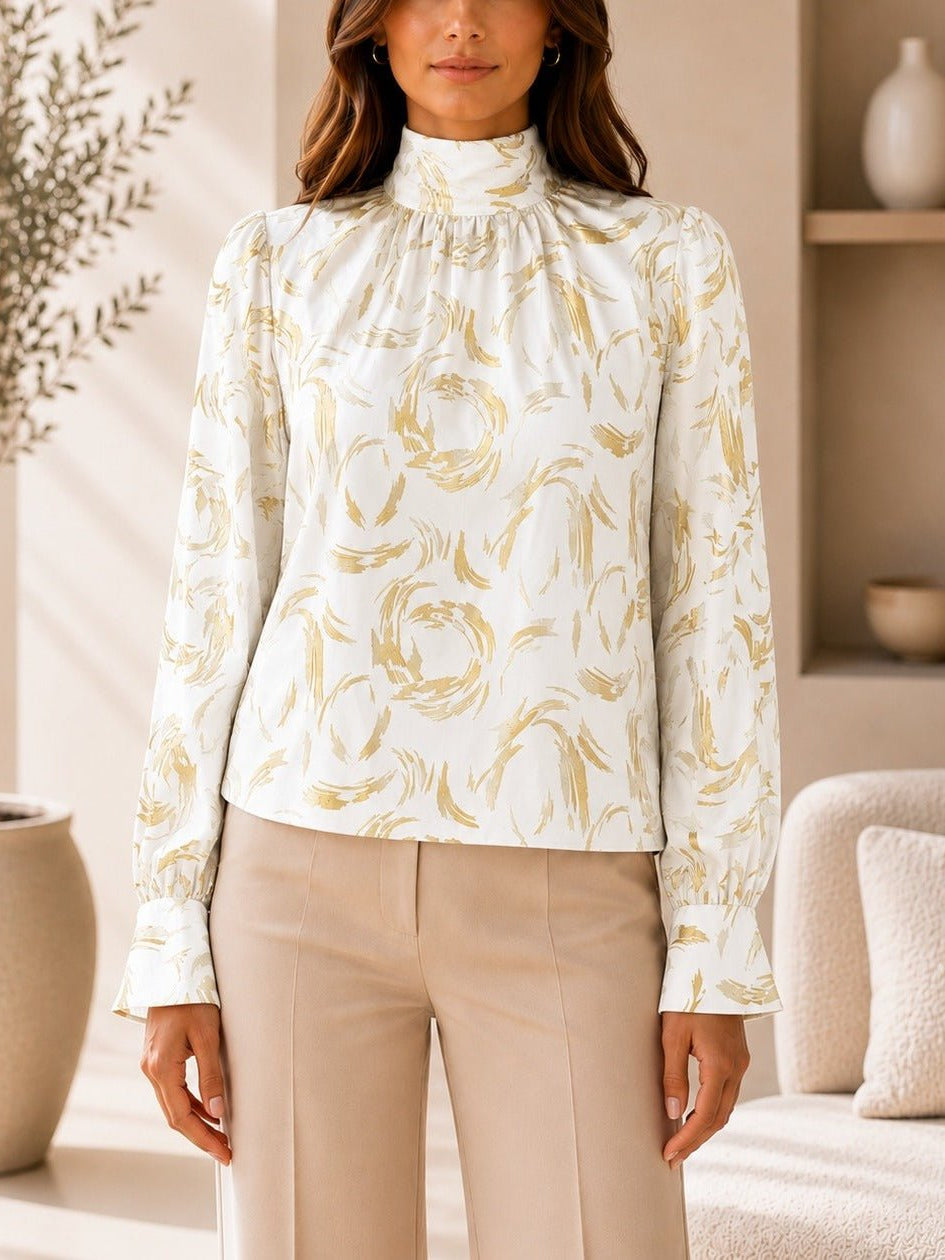 Ladies Cream And Gold High Neck Printed Long Sleeve Blouse - StylePhase SA