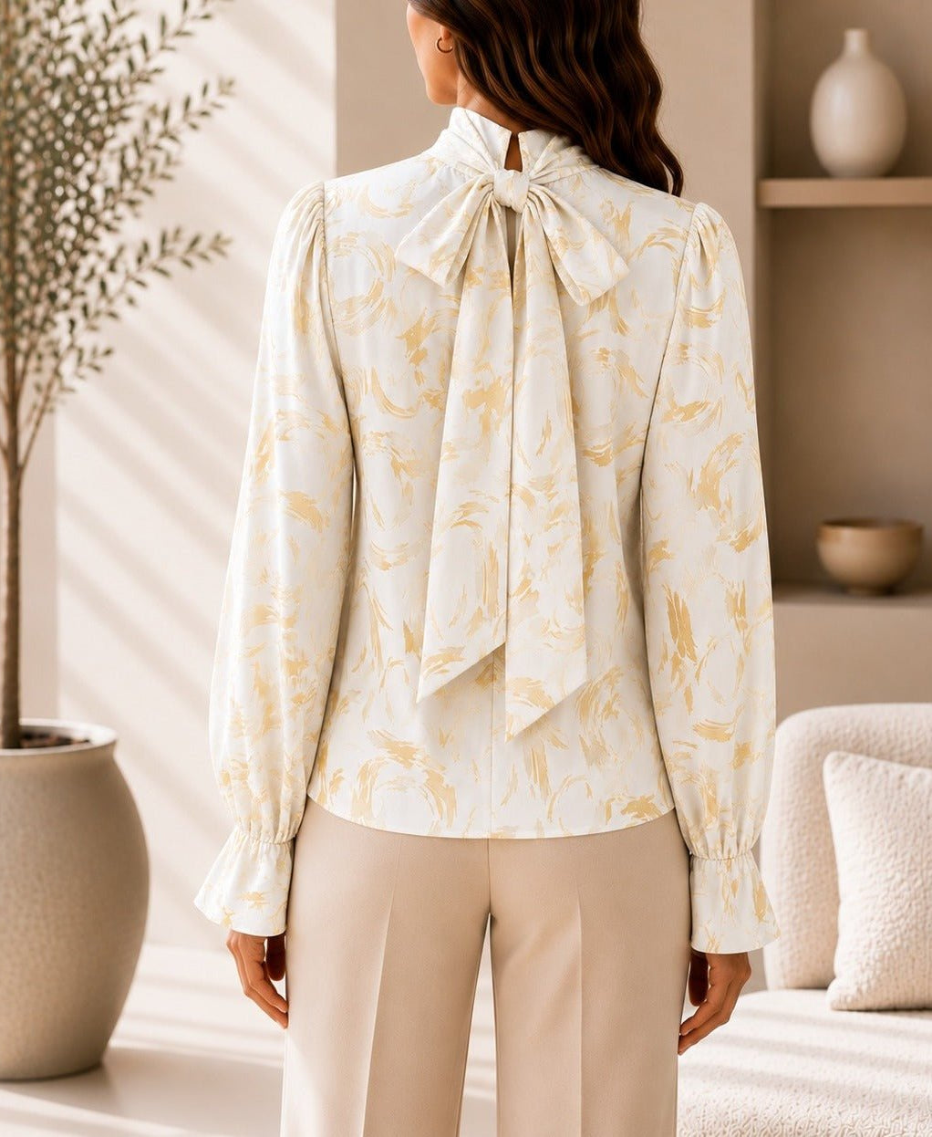 Ladies Cream And Gold High Neck Printed Long Sleeve Blouse - StylePhase SA