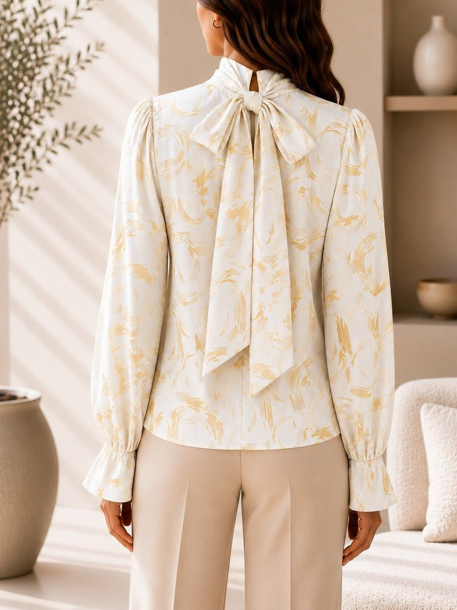 Ladies Cream And Gold High Neck Printed Long Sleeve Blouse - StylePhase SA