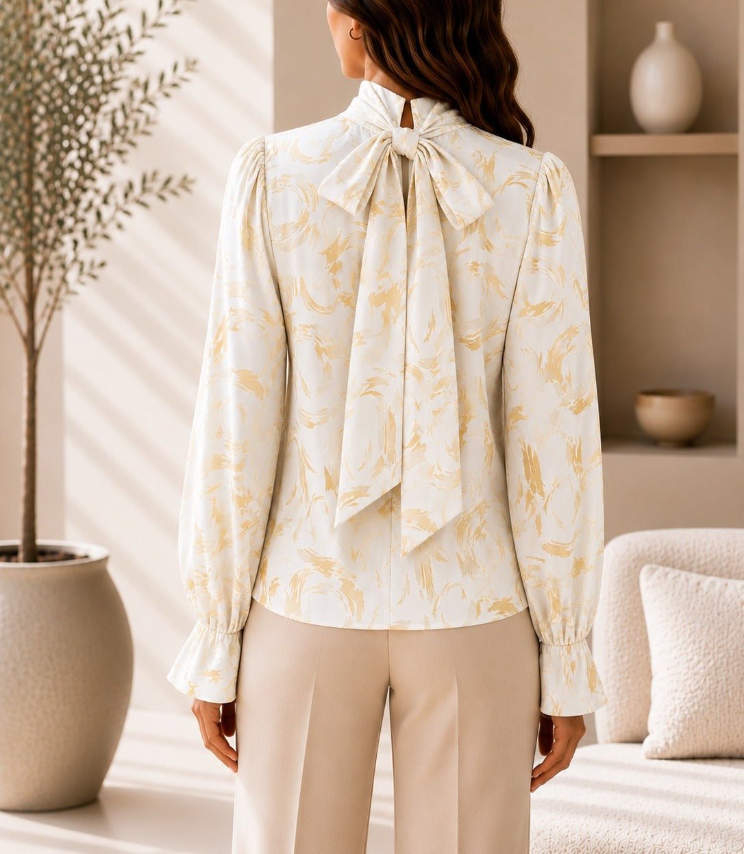 Ladies Cream And Gold High Neck Printed Long Sleeve Blouse - StylePhase SA