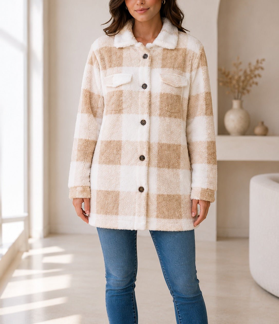 Ladies Cream And White Check Pattern Plush Top - StylePhase SA
