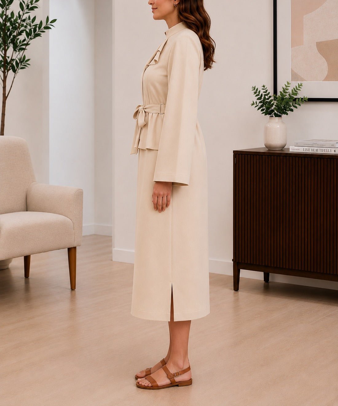 Ladies Cream Belted Peplum Midi Dress - StylePhase SA