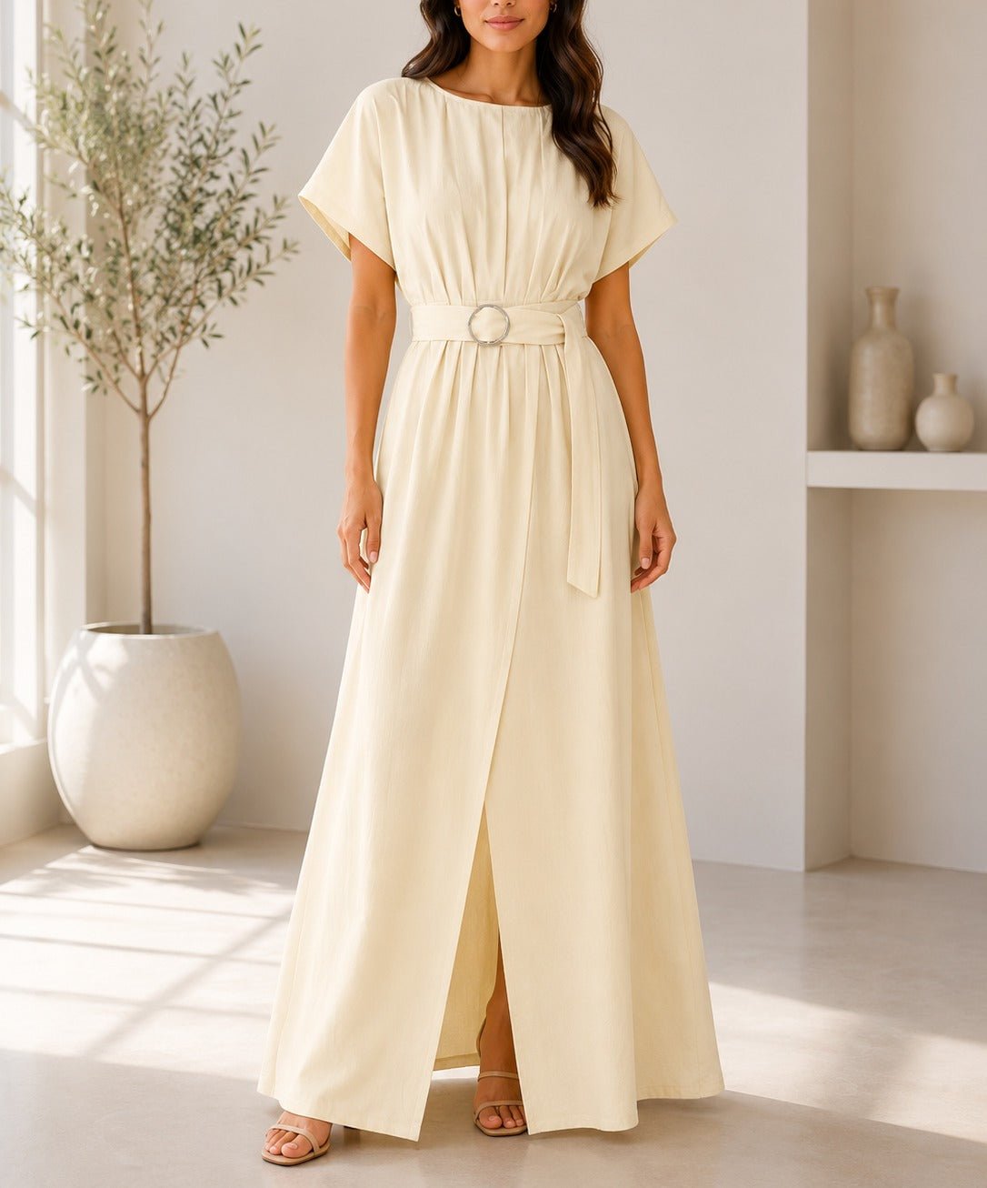 Ladies Cream Buckle Belt front Slit Maxi Dress - StylePhase SA
