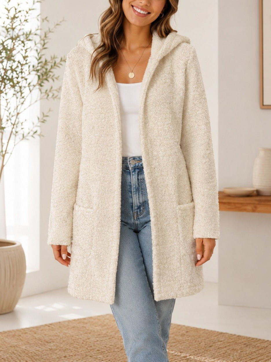Ladies Cream Curly Melton Hooded Coat - StylePhase SA
