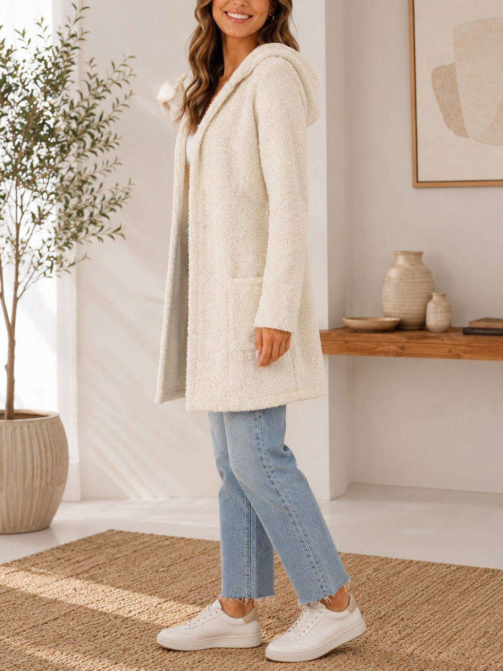 Ladies Cream Curly Melton Hooded Coat - StylePhase SA