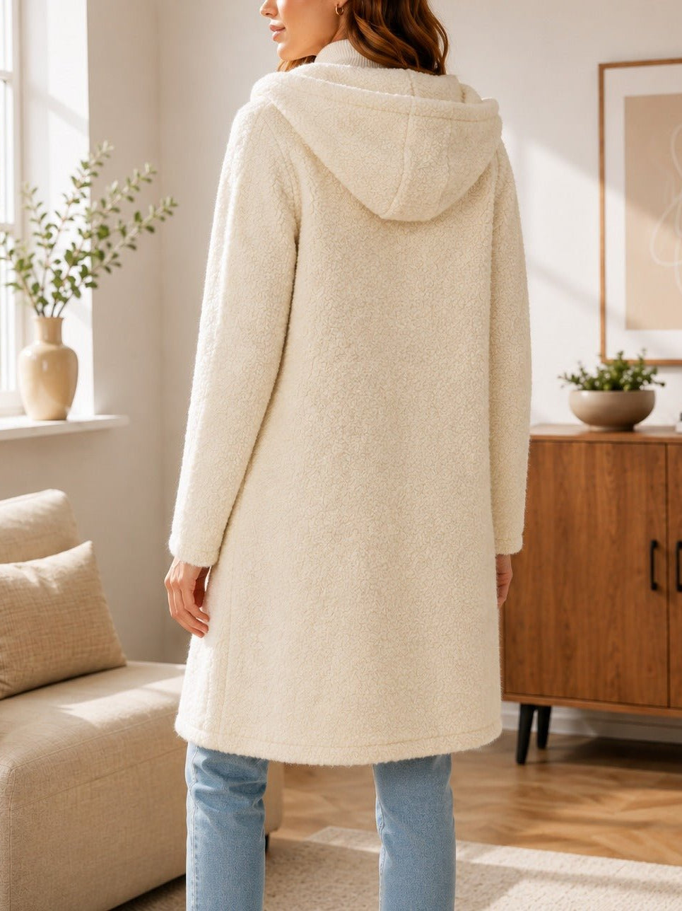 Ladies Cream Curly Melton Hooded Coat - StylePhase SA