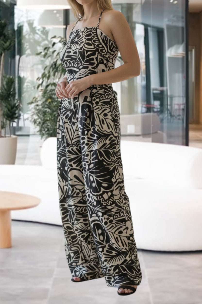 Ladies Cream Leaf Print Strappy Pleated Jumpsuit - StylePhase SA