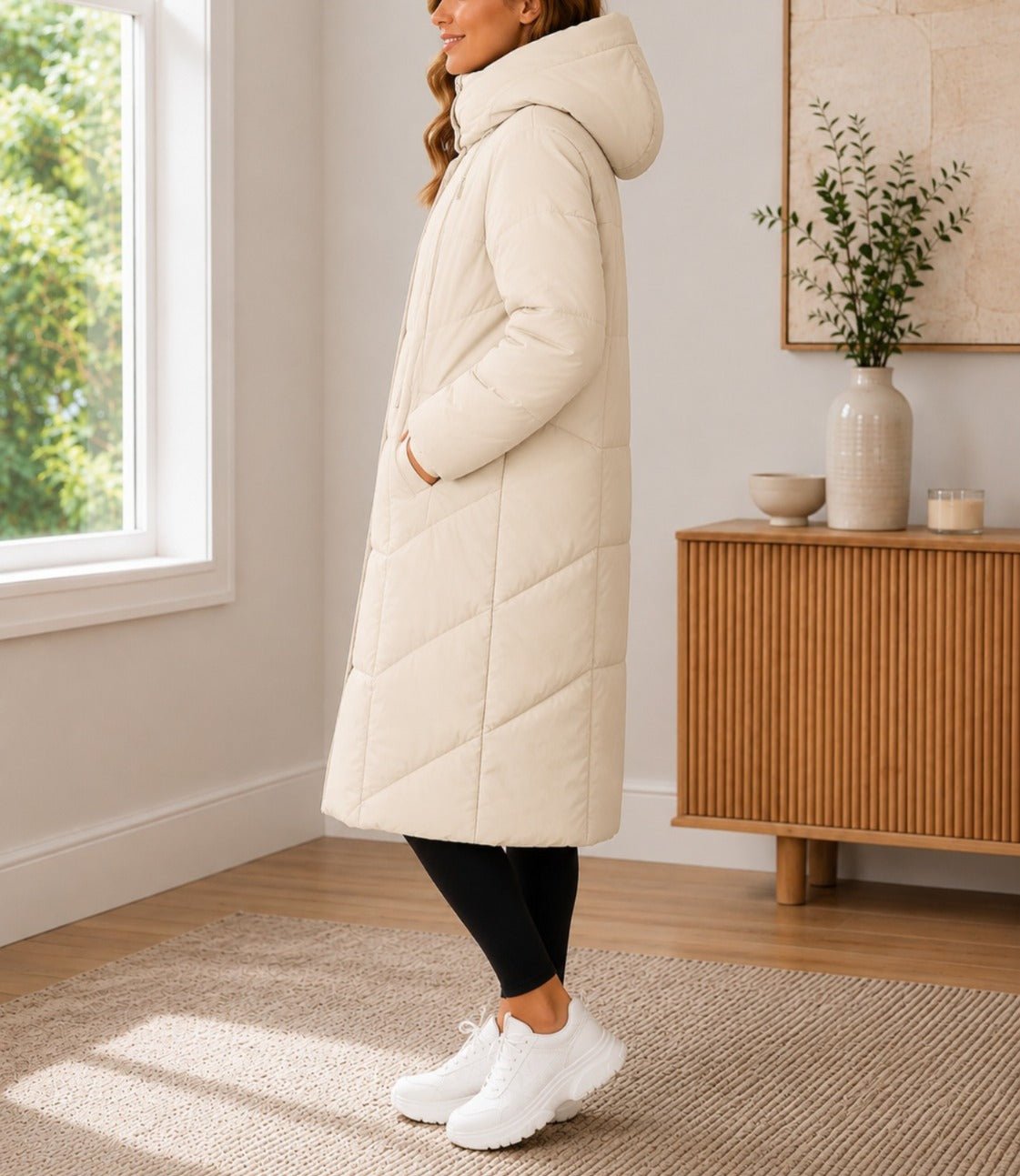 Ladies Cream Long Drawstring Lined Hoody Jacket - StylePhase SA